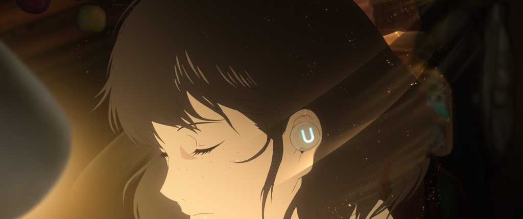 Image of a girl with brown hair named Suzu wearing U-branded ear buds. She is synchronizing her image with U to make her avatar Bell.
