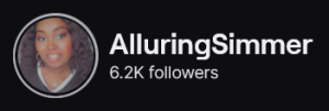 AlluringSimmer's twitch logo and follower count (6.2k). The logo is a picture of a black woman with shoulder length curly hair. Image links to AlluringSimmer's Twitch page.