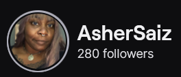 AsherSaiz's Twitch logo and follower count (280). Logo is a picture of a black woman with shoulder length dark honey blonde hair. Image links to AsherSaiz's Twitch page.