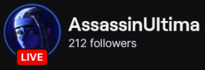 AssassinUltima's Twitch logo and follower count (212). Logo is a black and blue cartoon style of a black man with locs and a ninja style headband. Image links to AssassinUltima's Twitch page.