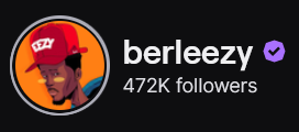 Berleezy's Twitch logo and follower count (472k). The logo is a cartoon of a black man with a red hat with an orange background. Image links to Berleezy's Twitch page.