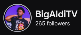 Big Aldi TV's Twitch logo and follower count (265). Logo is of a black man in a black graphic shirt, with a purple background. Image links to Big Aldi TV's Twitch page.