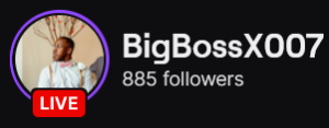 BigBossX007's Twitch logo and follower count (885). Logo is a picture of a black man wearing a white shirt with orange suspenders and bowtie looking to the left. Image links to BigBossX007's Twitch page.