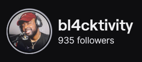 BLACKtivity's Twitch logo and follower count (935). The logo is a black man with a beard wearing a red cap and black headphones. This image links to BLACKtivity's Twitch page.