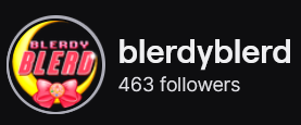 BlerdyBlerd's Twitch logo and follower count (463). The logo is a yellow crescent moon with a pink bow and Blerdy Blerd in pink letters. Image links to BlerdyBlerd's Twitch page.