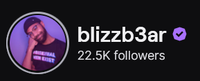 Blizzbear's Twitch logo and follower count (22.5k). Logi is a picture of a smiling black man with a black beanie and black graphic tee. Image links to Blizzbear's Twitch page.