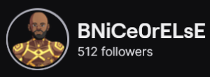 BNiceOrElse's Twitch logo and follower count (512). Logo is a picture of a shirtless bald black man with gold tattoos on his body. Image links to BNiceOrElse's Twitch page.