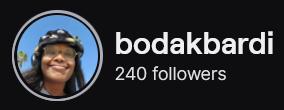 BodakBardi's Twitch logo and follower count (240). Logo is a picture of a black person with medium length black hair, wearing a pineapple bucket hat. Image links to BodakBardi's Twitch page.