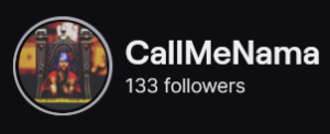 CallMeNama's Twitch logo and follower count (133). Logo is a person sitting on a dark gold throne. Image links to CallMeNama's Twitch page.