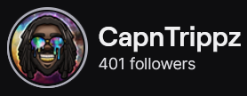 CapnTrippz' Twitch logo and follower count (401). Logo is a cartoon style picture of a smiling black man with long locs. Image links to CapnTrippz Twitch page.