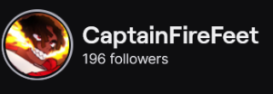 CaptainFireFeet's Twitch logo and follower count (196). Logo is of a black male anime character with a toothy grin and fire coming from the corner's of his mouth. Image links to CaptainFireFeet's Twitch page.