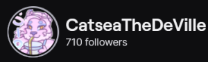 CatseaTheDeVille's Twitch logo and follower count (710). Logo is a cartoon style picture of an anthropomorphic pink lion, drinking from a cup using a straw. 
Image links to CatseaTheDeville's Twitch page.