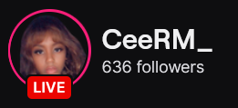 CeeRm's Twitch logo and follower count (636). Logo is a black woman with long light brown hair. Image links to CeeRM's Twitch page.