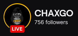 Chaxgo's Twitch logo and follower count (756). Logo is a black furred gorilla biting down on gold lettering "Chaxgo." Image links to Chaxgo's Twitch page.