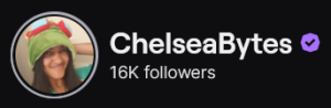 ChelseaBytes' Twitch logo and follower count (16k). Logi is a black woman with a green and pink beanie-style hat. Image links to ChelseaBytes' Twitch page. 