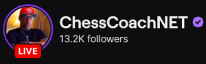 ChessCoachNET's Twitch logo and follower count (13.2k). Logo is a picture of a black man wearing a black shirt and a red baseball cap (Not MAGA). Image links to ChessCoachNET's Twitch page.
