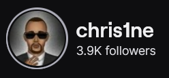 Chris1ne's Twitch logo and follower count (3.9k). Logi is a black man in a suit with black sunglasses. Image links to Chris1ne's Twitch page.