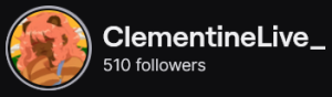 ClementineLive's Twitch logo and follower count (510). Logo is a cartoon style picture of a black person with long orange hair with lion ears. Image links to ClementineLive's Twitch page.