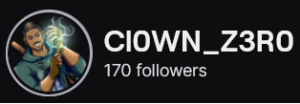 Clown_Zero's Twitch logo and follower count (170). Logo is a cartoon style picture of a black man wearing a green hoodie. Image links to Clown_Zero's Twitch page.