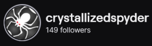 CrystallizedSpyder's Twitch logo and follower count (149). Logo is a picture of a white spider with red eyes. Image links to CrystallizedSpyder's Twitch page.