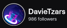 DavieTzars' Twitch logo and follower count (986). Logo is a picture of a black man, glowing blue and purple, with a ring light around his neck.
Image links to DavieTzars' Twitch page.