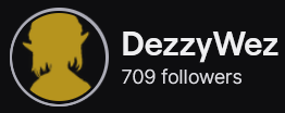 DezzyWez's Twitch logo and follower count (709). Logo is a gold silhouette of Link from Legend of Zelda. Image links to DezzyWez's Twitch page.
