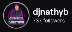 DJNathyB's Twitch logo and follower count (737). Logo is a cartoon picture of a light skinned black man crossing his arms above a silver-black DJ turntables. Image links to DJNathyB's Twitch page.