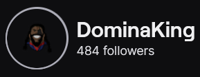 DominaKing's Twitch logo and follower count (484). Logo is a cartoon style picture of a grinning black man, wearing a red shirt, against a black background. Image links to DominaKing's Twitch page.