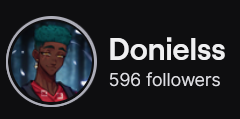 Donielss' Twitch logo and follower count (596). Logo is a cartoon black man with a curly forest green hi-top wearing a red shirt and a black cardigan. Image links to Donielss' Twitch page.
