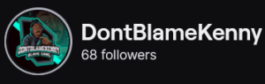 DontBlameKenny's Twitch logo and follower count (68). Logo is a cartoon black man wearing a black hoodie and green headphones, against a split black and green background. Image links to DontBlameKenny's Twitch page.
