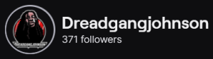 DreadGangJohnson's Twitch logo and follower count (371). Logo is a black man with long locs against a small red circle and black background. Image links to DreadGangJohnson's Twitch page.
