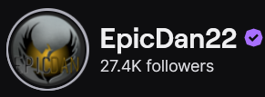 EpicDan22's Twitch logo and follower count (27.4k). Logo is a picture of a gold and black phoenix with the text "EpicDan" across it. Image links to EpicDan22's Twitch page.
