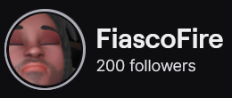 FiascoFire's Twitch logo and follower count (200). Logo is a cartoon style picture of a black man with medium length locs and shaved down facial hair. Image links to FiascoFire's Twitch page.