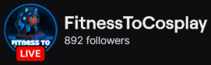 FitnessToCosplay's Twitch logo and follower count (892). Logo is a cartoon of a black woman with blue hair and wearing cat ear headphones. Image links to FitnessToCosplay's Twitch page.
