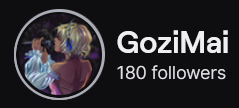 GoziMai's Twitch logo and follower count (180). Logo is a cartoon style picture of a black woman with blonde hair, with her back turned, singing into a mic. Image links to GoziMai's Twitch page.