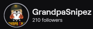 GrandpaSnipez' Twitch logo and follower count (210). Logo is a picture of a bulldog head, wearing a baseball cap and a spiked collar.
Image links to GrandpaSnipez' Twitch page.
