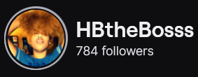 HBTheBosss' Twitch logo and follower count (784). Logo is a picture of a black woman with a huge brown afro, wearing a blue shirt and making a kissy face.
Image links to HBTheBosss' Twitch page.