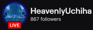 HeavenlyUchiha's Twitch logo and follower count (867). Logo is a light blue and black cartoon style picture of a a man with an Oni mask on with his index fingers pressed together. Image links to HeavenlyUchiha's Twitch page.