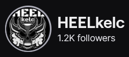 HEELKelc's Twitch logo and follower count (1.2k). Logo is a black and white cartoon skull with two sets of horns, with smoke coming out of its mouth. If you're into wrestling, it's Bullet Club inspired. Image links to HEELKelc's Twitch page.