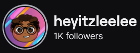 HeyItzLeeLee's Twitch logo and follower count (1k). Logo is a cartoon style picture of a smiling black person with short curly hair and glasses, against a pink/purple/yellow/blue background. Image links to HeyItzLeeLee's Twitch page.