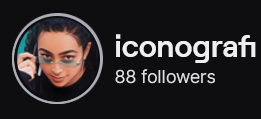 Iconografi's Twitch logo and follower count (88). Logo is a picture of a light skinned black woman with curly black hair, looking over green tinted glasses. Image links to Iconografi's Twitch page.