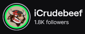ICrudeBeef's Twitch logo and follower count (1.8k). Logo is a cartoon style of an anthropomorphic bull head, snarling. Image links to ICrudeBeef's Twitch page.