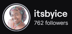 ItsByIce's Twitch logo and follower count (762). Logo is a picture of a smiling black woman wearing a colorful bonnet. Image links to ItsByIce's Twitch page.