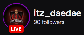Itz_DaeDae's Twitch logo and follower count (90). Logo is a cartoon of a black man with long locs in a red sweat sweater against a reddish-black background. Image links to Itz_DaeDae's Twitch page.
