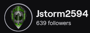JStorm2594's Twitch logo and follower count (639). Logo is a silver police badge with green lines and "The Storm" on it. Image links to JStorm2594's Twitch page.