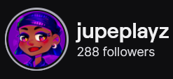 JupePlayz' Twitch logo and follower count (288). Logo is a cartoon style picture of a smiling black person with dark purplish-blue straight bob.
Image links to JupePlayz' Twitch page.