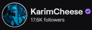 KarimCheese's Twitch logo and follower count (17.6k). Logo is a black and blue picture of a black man, facing the right, wearing headphones screaming onto a mic
Image links to KarimCheese's Twitch page.