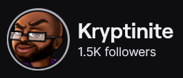 Kryptinite's Twitch logo and follower count (1.5k). Logo is a cartoon of a bald black man with square black frame glasses. Image links to Kryptinite's Twitch page.
