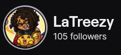 LaTreezy's Twitch logo and follower count (105). Logo is a cartoon style picture of a black woman with shoulder length curly hair, cuddling a Raichu (Pokemon). Image links to LaTreezy's Twitch page.