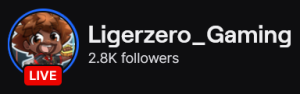 LigerZero_Gaming's Twitch logo and follower count (2.8k). Logo is a chibi cartoon of a black man with semi spiky brown hair and black jacket. He looks to styled similar to Sora from Kingdom Hearts. Image links to LigerZero_Gaming's Twitch page.
